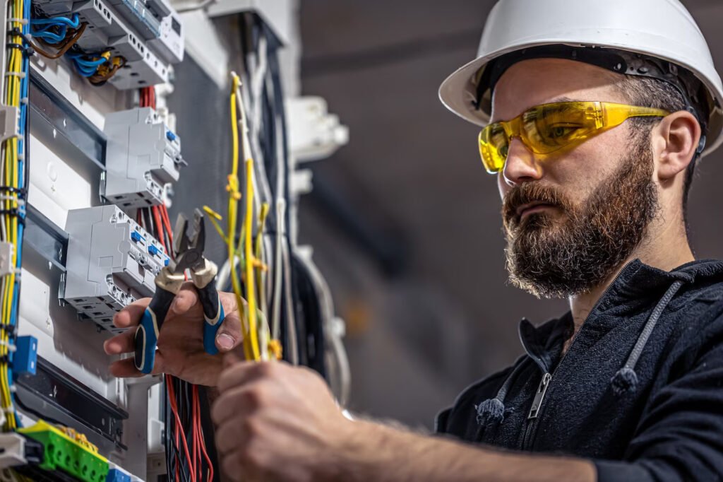 male electrician works switchboard with electrical connecting cable 169016 15204